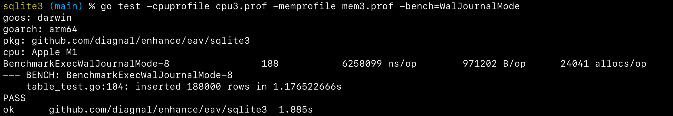 The output of go test showing some benchmark results